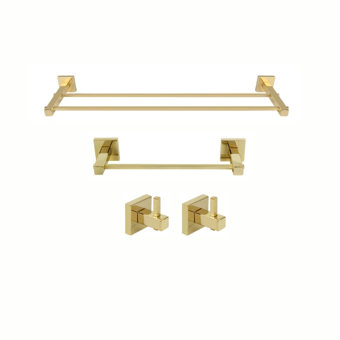 KIT PORTA TOALHAS E CABIDES SQUARE GOLD