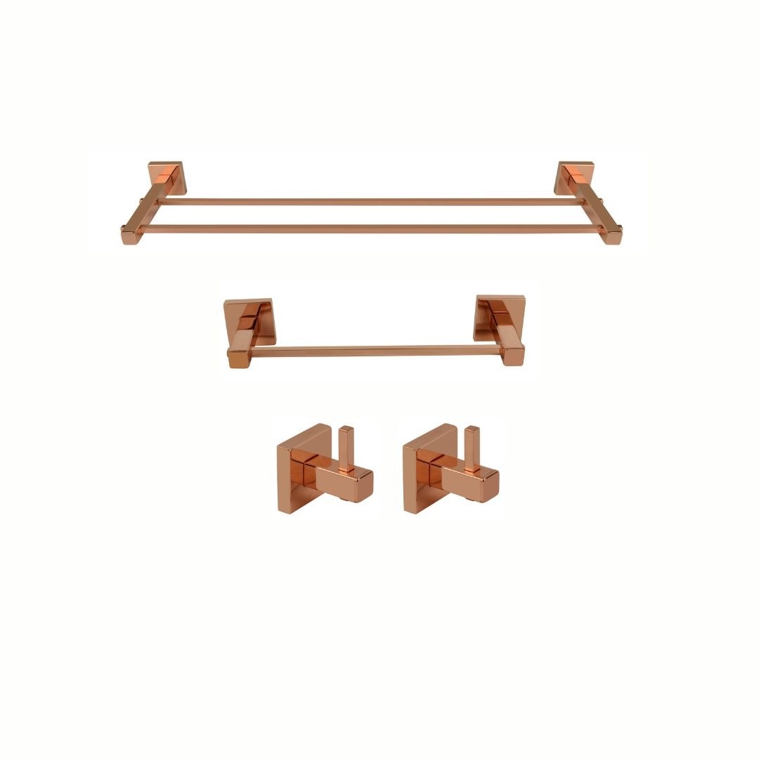 KIT PORTA TOALHAS E CABIDES SQUARE ROSE GOLD