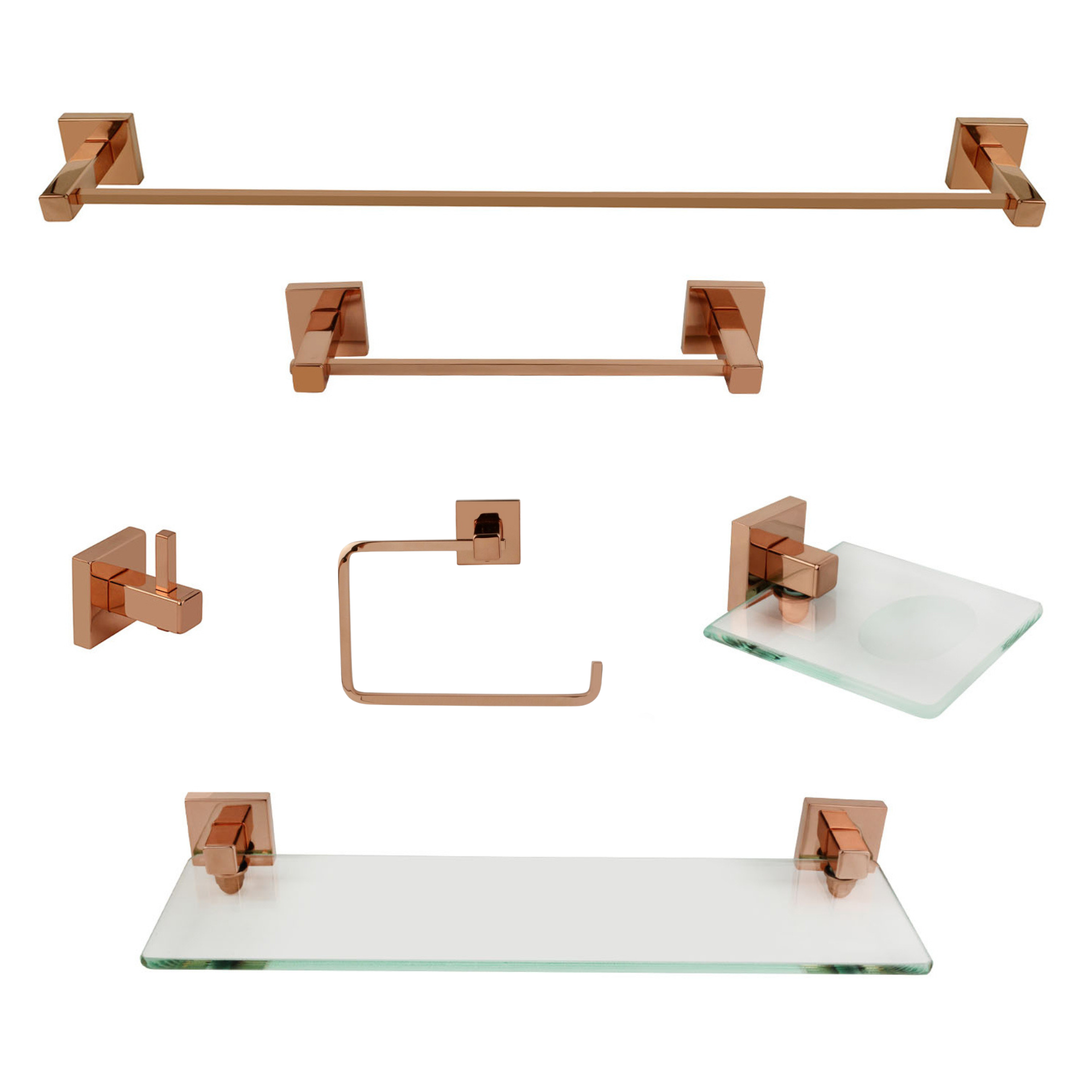 KIT DE ACESSÓRIOS PARA BANHEIRO 6 PEÇAS SQUARE ROSE GOLD
