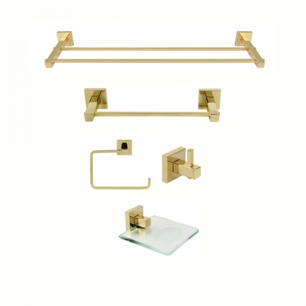 KIT DE ACESSÓRIOS PARA BANHEIRO 5 PEÇAS SQUARE GOLD
