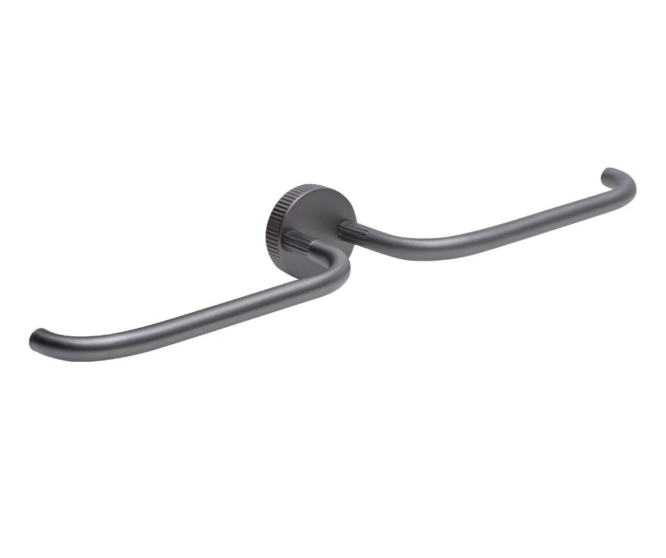 Porta toalha de rosto duplo em aço inox 19 cm cada haste, total de 42,5cm. Linha TEX GRAFITE ESCOVADO